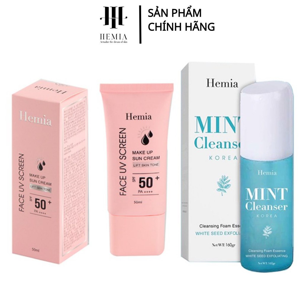 Combo Kem chống nắng Hemia 50ml dưỡng trắng nâng tone và Sữa rửa mặt bạc hà Mint Cleanser Hemia 130ml dưỡng ẩm, sạch sâu