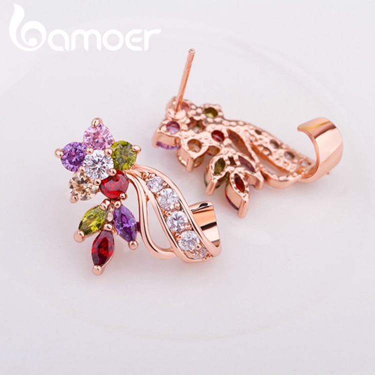 Bông tai Bamoer JIE019 tạo hình hoa với pha lê hồng  vàng thời trang thích hợp làm quà tặng cho trẻ em gái và phụ nữ