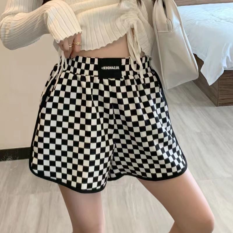 Quần short thường ngày ống rộng eo cao cắt thẳng họa tiết ca rô thời trang mùa hè dành cho nữ