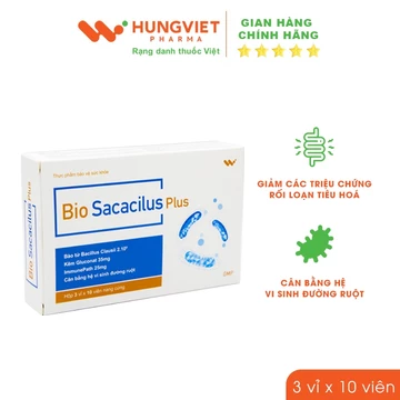 Men vi sinh Bio Sacacilus Plus - Giảm các triệu chứng của rối loạn tiêu hóa, đầy bụng, khó tiêu HungViet Pharma hộp 30v