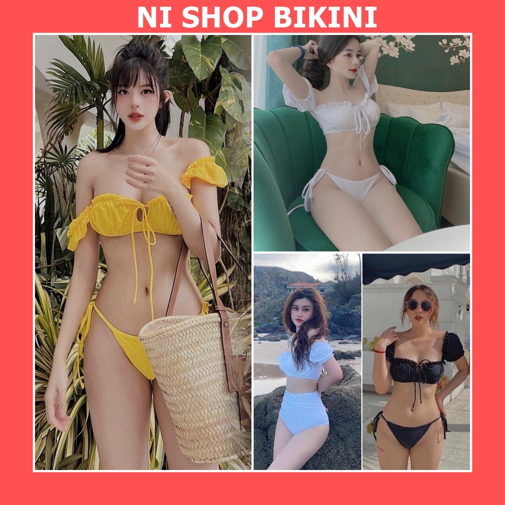 Bikini nữ 2 mảnh tay cộc trễ vai bèo quần tam giác và cạp cao R08