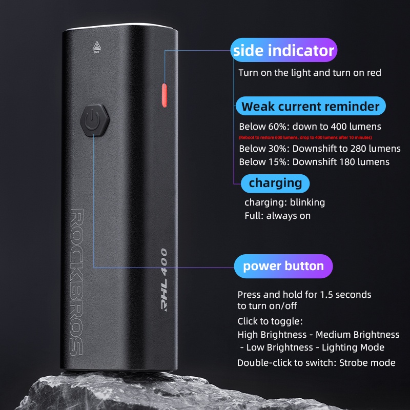 ROCKBROS - Đèn trước chống nước IPX6 với 600 Lumen và điều khiển nhiệt độ thông minh