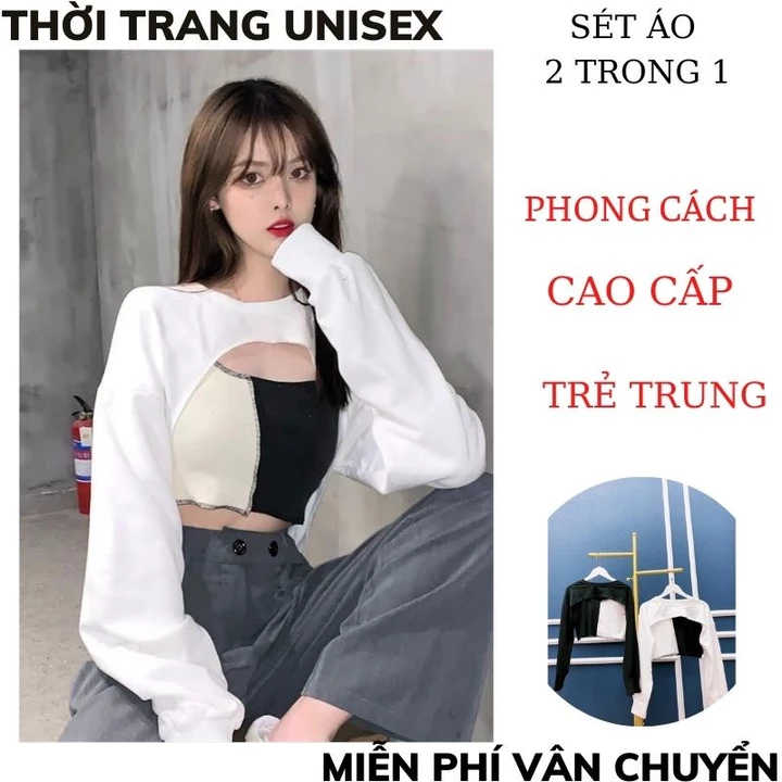 Sét áo croptop khoét ngực kèm áo 3 lỗ phối màu, set áo crt 2 món áo ngoài kèm áo trong chất da cá đẹp dầy mịn TT1989