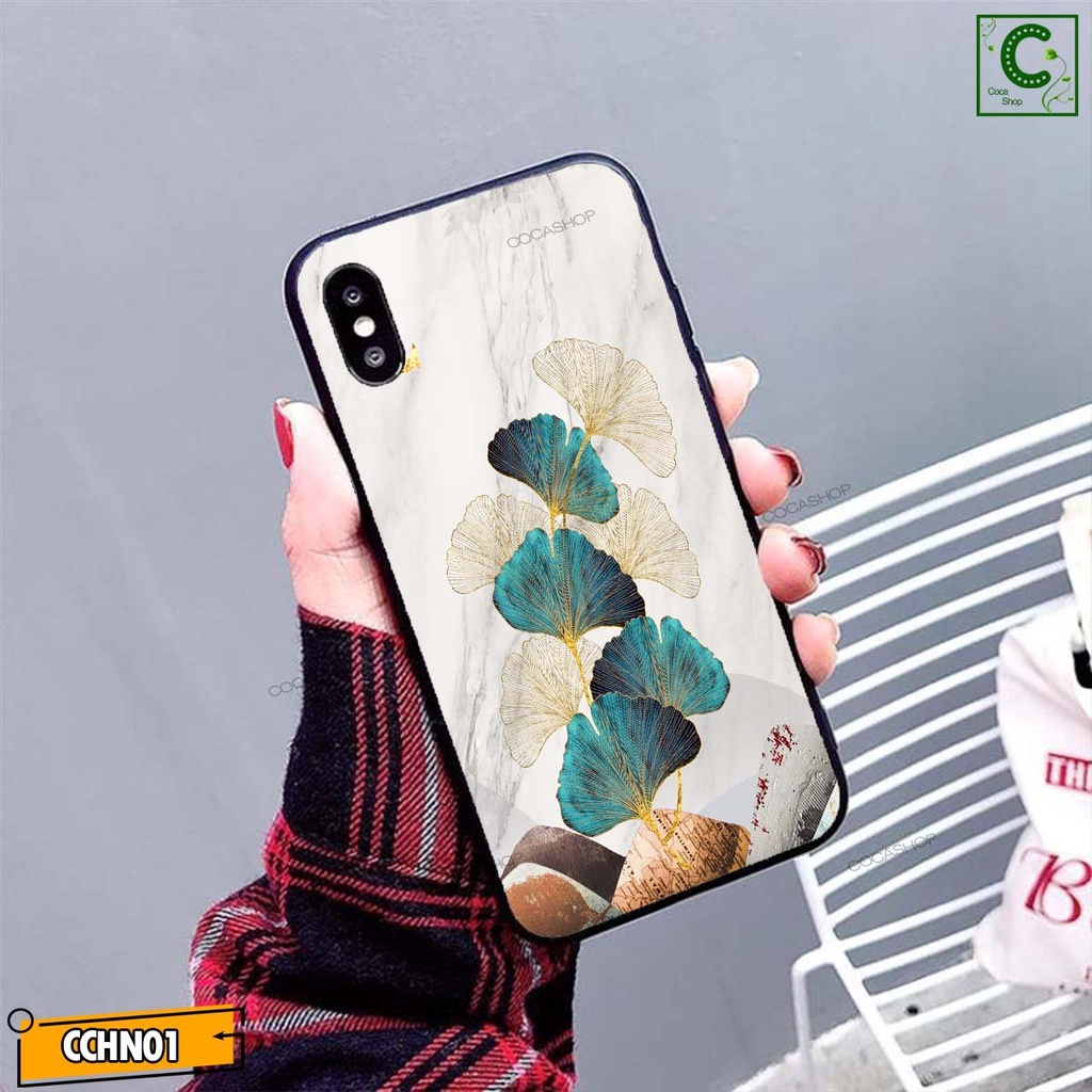 Ốp lưng iphone mặt kính cao cấp  - Lá cây xanh trắng phác họa  - 6/6plus/6s/6splus/7/7plus/8/8plus/x/.....