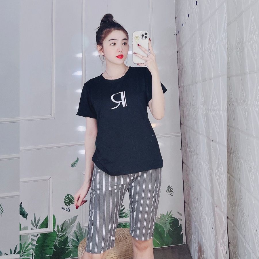 Đồ bộ nữ dễ thương bigsize mùa hè Đồ ngủ nữ thun cotton Bộ thể thao quần lửng sọc set ngố mặc nhà cute ESHOP AD16
