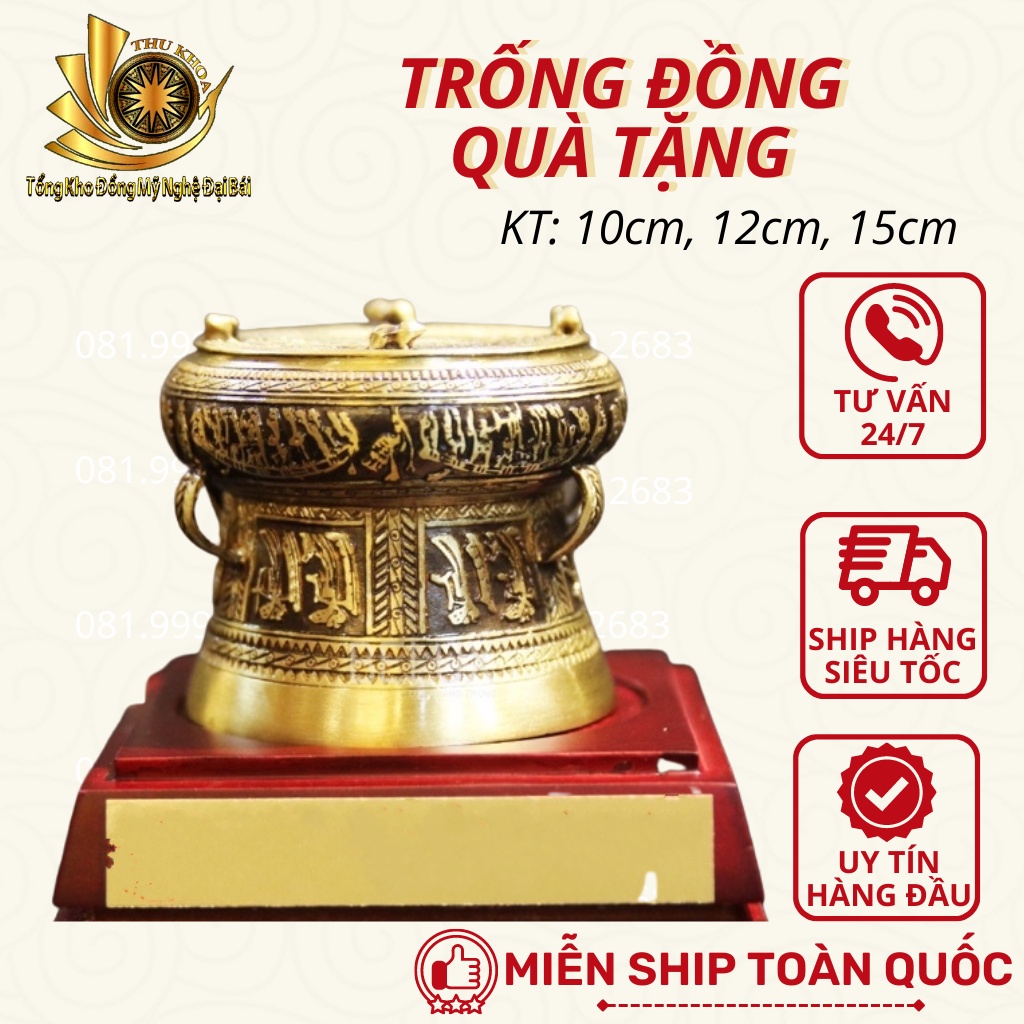 [HÀNG KỸ] Trống Đồng Quà Tặng Đồng Đại Bái Quà Biếu Trống Đồng Để Bàn Làm Việc Phong Thủy Kích Thước 10cm, 12cm, 15cm