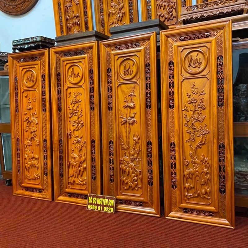 Bộ tranh gỗ treo tường tranh tứ quý gỗ hương ,sơn pu cao cấp ,bền đep kích thước 37*107,dày 4cm
