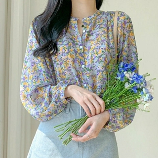 Áo Sơ Mi Voan Hoa Tay Dài Dáng Rộng Phong Cách Hàn Quốc baju baju wanita Lenjang panjang