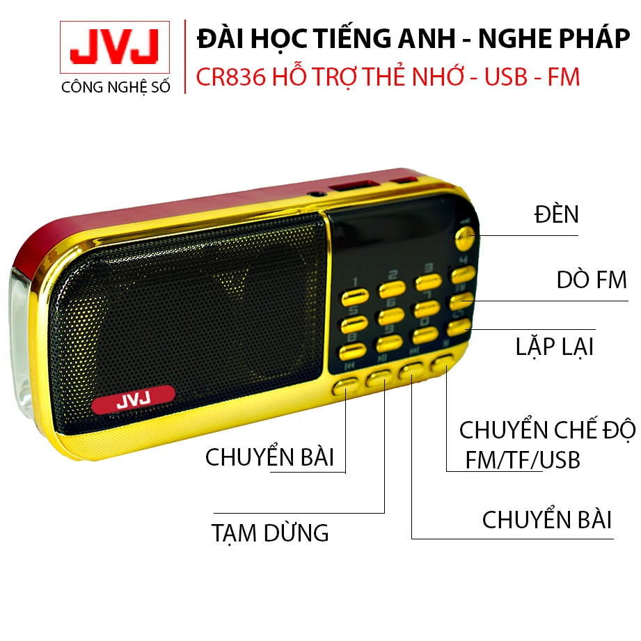 Ảnh Loa nghe pháp mini JVJ J-836S 2 Pin sử dụng thẻ nhớ,USB học tiếng anh, đài FM, đèn pin siêu sáng - BH 12 tháng 4