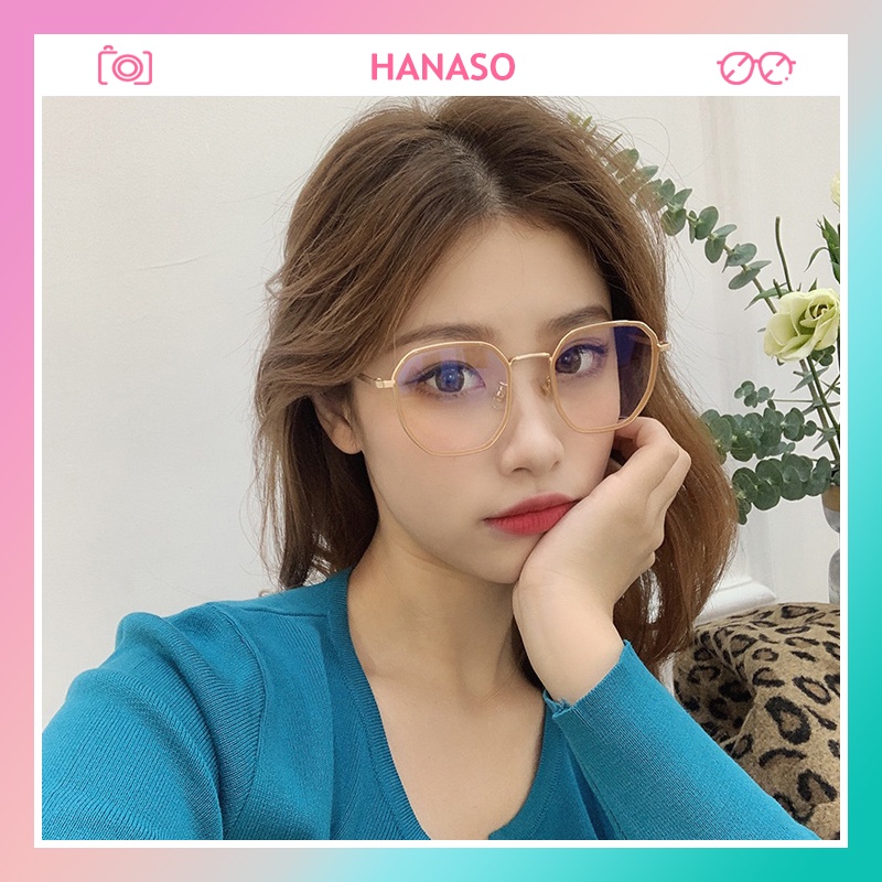 Kính cận thời trang nam nữ gọng đa giác mắt kính không độ chống ánh sáng xanh phong cách Hàn Quốc HANASO 038