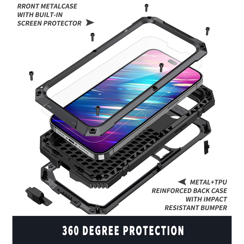 Vỏ kim loại giáp chống sốc cho iPhone 16 15 14 Plus 13 Pro MAX 12 IP54 Ốp lưng nhôm chống nước chịu lực nặng Vỏ điện thoại cho iPhone 16 Pro