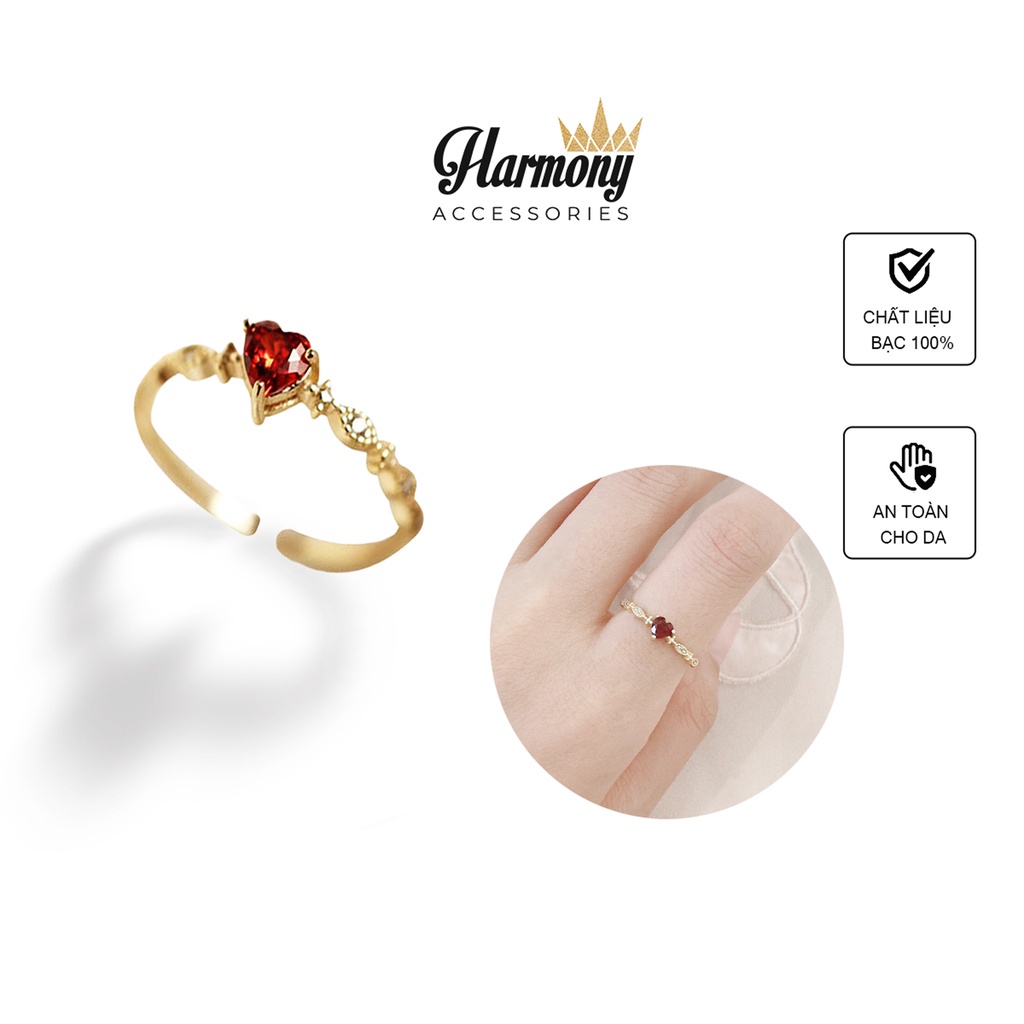 Nhẫn bạc nữ đính đá trái tim đỏ freesize s925 mạ vàng 14k cao cấp Ruby Heart | HARMONY ACCESSORIES N59