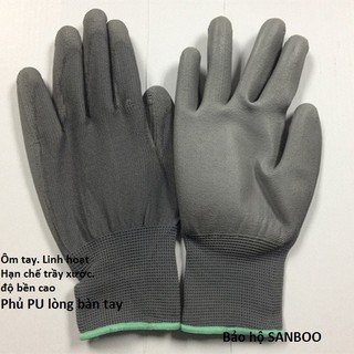 SET 10 ĐÔI Găng tay xám lao động phủ PU lòng bàn tay chống cắt - Bao tay bảo hộ phủ sơn xanh đen, có hạt chống trượt