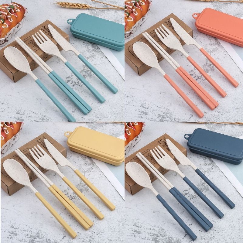 Bộ Dao Kéo Bằng Rơm Lúa Mì 4 Mảnh Gấp Dao Kéo Bằng Rơm Lúa Mì, Nĩa, Thìa, Đũa Dao Kéo Cầm Tay Thân Thiện Với Môi Trường Bộ Đồ Ăn, Dao, Đũa, Thìa, Nĩa