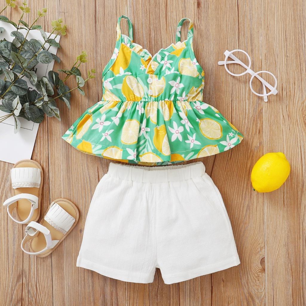 Set đồ mùa hè 2 món Mikrdoo gồm áo hai dây in họa tiết hoa + quần ngắn màu trắng dễ thương cho bé gái sơ sinh