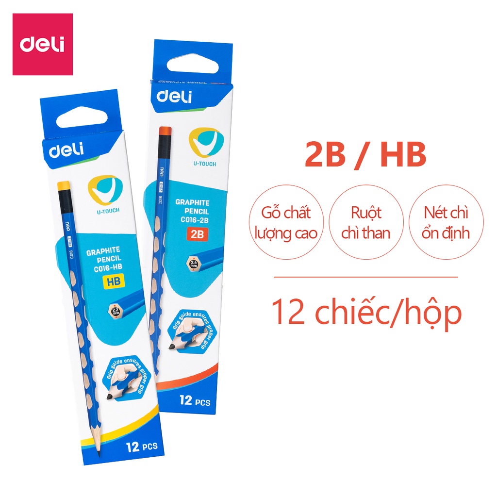 Hộp 12 Cây Bút chì định vị lục giác Graphite Pencil 2B/HB Deli - Thân gỗ mềm, Dễ gọt, Kèm đầu tẩy tiện dụng