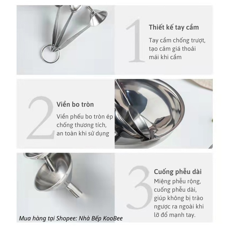 Bộ 3 Phễu Inox 304 KOOBEE – Phễu Rót Chất Lỏng, Dầu Ăn, Gia Vị, Nước Mắm, Chịu Nhiệt Không Gỉ Cao Cấp (NB65)