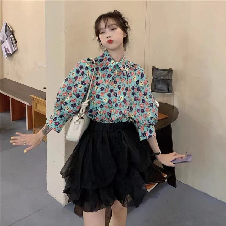 Áo sơ mi SUXI tay phồng dáng rộng in họa tiết hoa dễ thương thời trang mùa hè cho nữ
