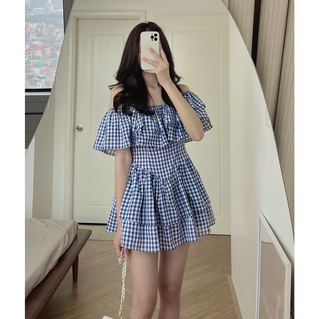 ĐẦM TRỄ VAI XÒE CARO XANH VÀ ĐEN SIÊU XINH - CARON DRESS