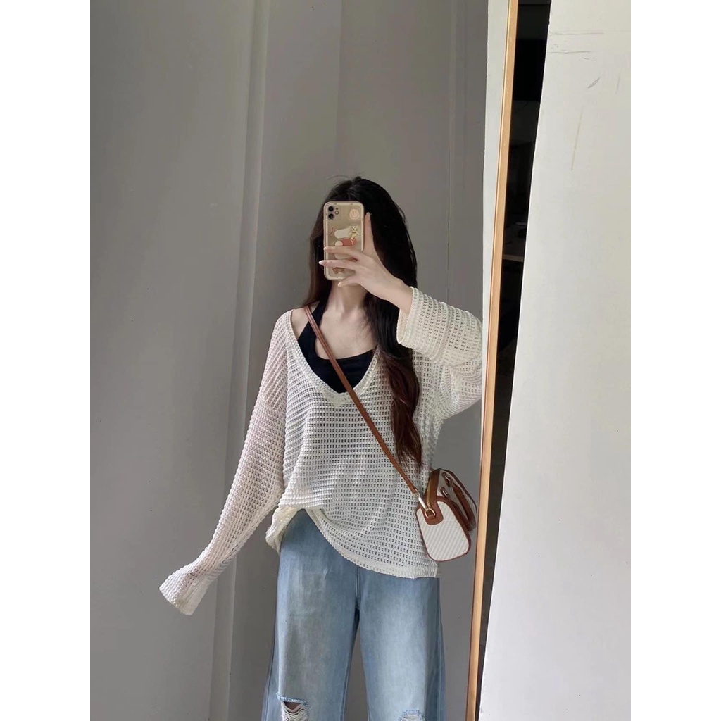 Set áo lưới cổ V kèm áo quây cổ yếm croptop (ảnh thật)