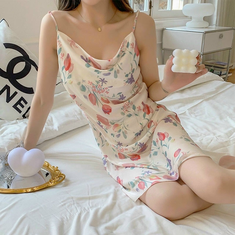 Váy ngủ lụa hai dây cổ đổ cao cấp Đầm mặc nhà sexy quyến rũ