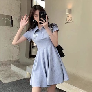 Váy xếp ly nữ mùa hè 100% Cotton kiểu Pháp Hepburn Váy dài vừa phải phong cách Preppy polo Cổ áo eo hẹp mỏng hơn Váy chữ A