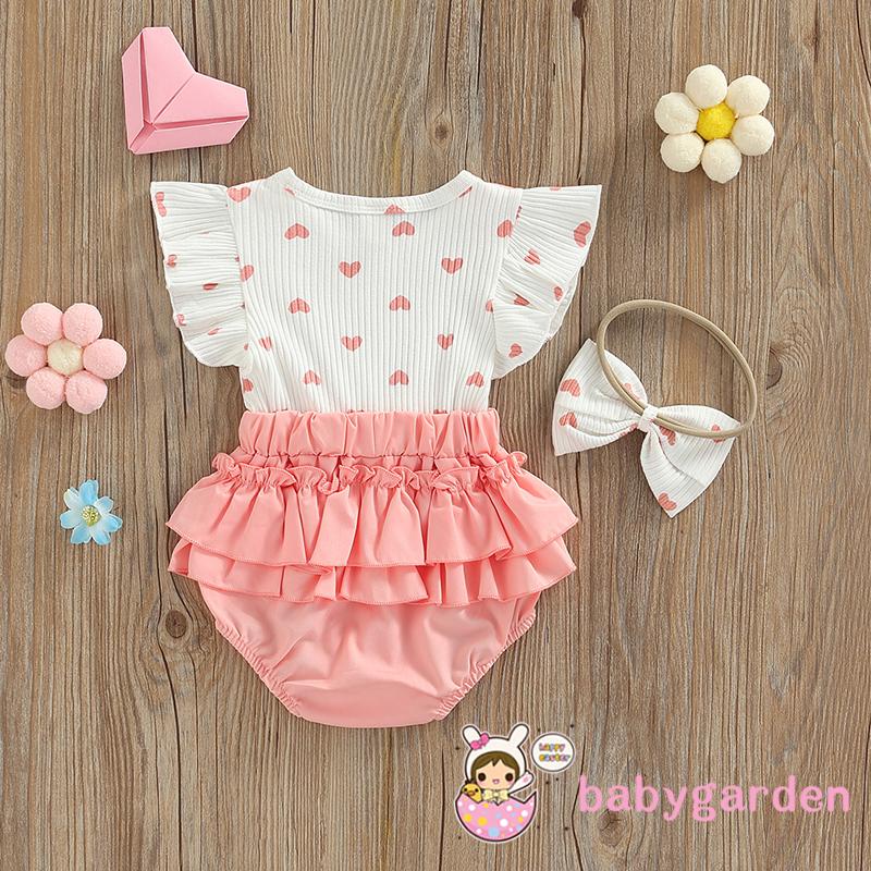 Bộ Áo Liền Quần Tay Cánh Tiên In Họa Tiết Trái Tim Cho Bé Gái