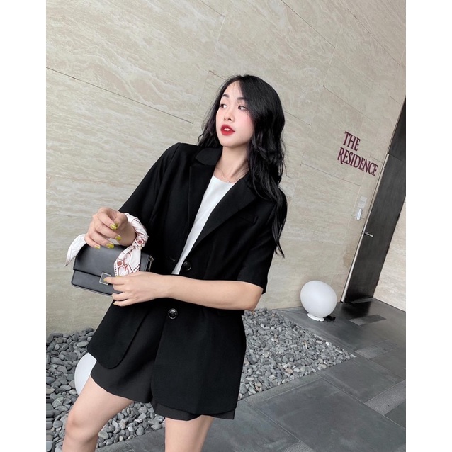 Áo blazer nữ [MAY THEO SỐ ĐO] -áo khoác vest - chất liệu cao cấp, 2 lớp-lót lụa, ĐEN NGẮN TAY  - Tiệm may Diluclothing