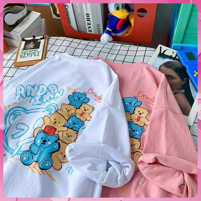 Áo thun unisex tay lỡ dáng rộng - gấu chồng gấu jelly