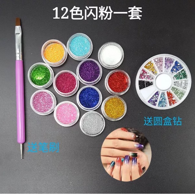 Combo 1 set nhũ 12 màu,1 bút 2 đầu, 1 khay đá nhiều màu size 2mm