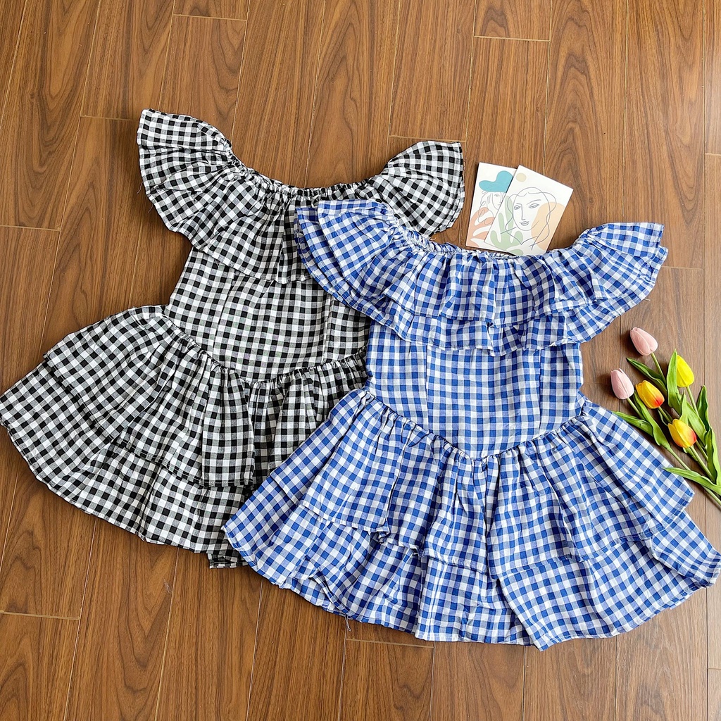 ĐẦM TRỄ VAI XÒE CARO XANH VÀ ĐEN SIÊU XINH - CARON DRESS