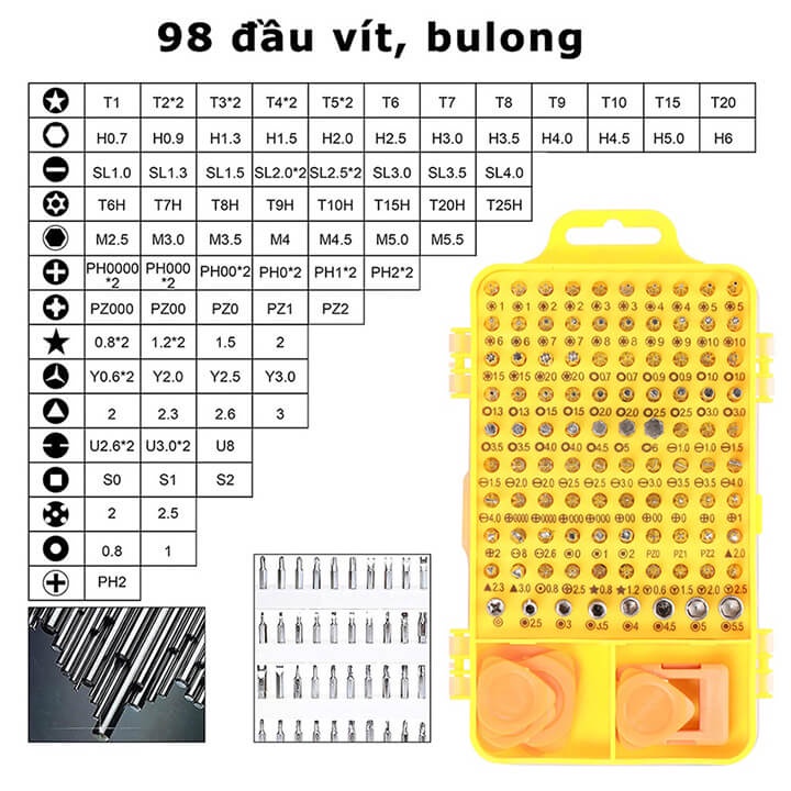 Bộ tua vít sửa chữa điện thoại đa năng có từ tính 115 chi tiết sửa laptop, máy tính, đồng hồ