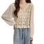 PCF * Phong Cách Hàn Quốc Nữ Voan Puff Dài Tay Cardigan Rỗng Móc Đan Hoa Cổ Chữ V Nút Cho Áo Khoác Cho Su
