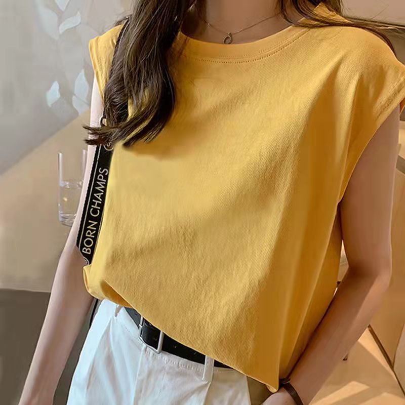 Milyfashion Áo thun không tay cổ tròn màu trắng dáng rộng Kích thước lớn Phong cách cơ bản Phù hợp với mọi trận đấu Mỏng hơn trông thường ngày hàng đầu