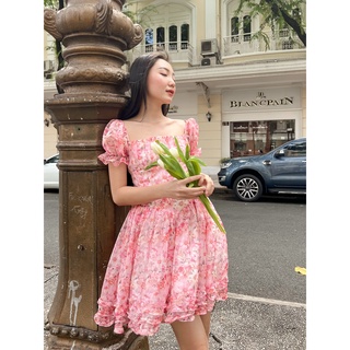 Somee studio Cherry dress Váy tơ xước hoa cổ vuông bèo gấu