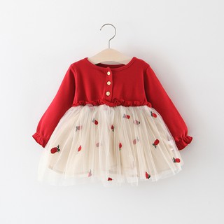 Váy bé gái dài tay thêu quả thơm vải thun cotton phong cách Hàn Quốc D602