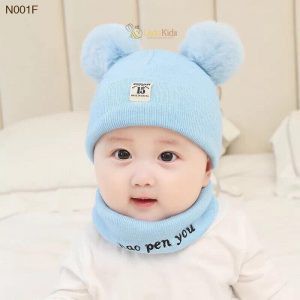 Mũ cho bé💚CAM KẾT CHUẨN💚Sét Mũ len 2 quả bông kèm khăn cho bé ( loại khăn +mũ)