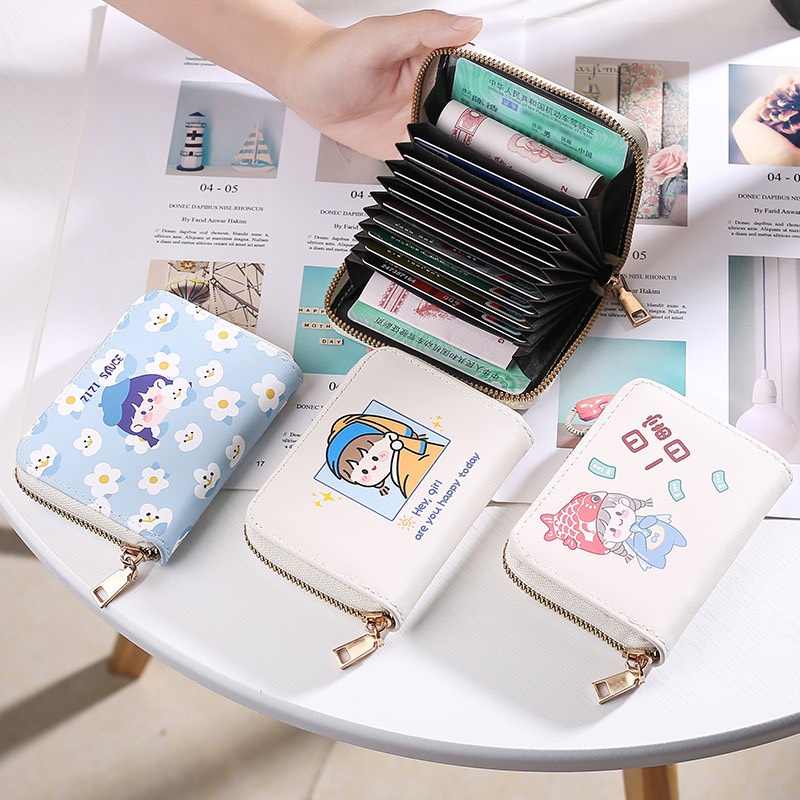 Ví bóp nữ ngắn mini cầm tay đẹp màu be phong cách Hàn Quốc họa tiết hoạt hình dễ thương nhỏ gọn thời trang HANASO VN001
