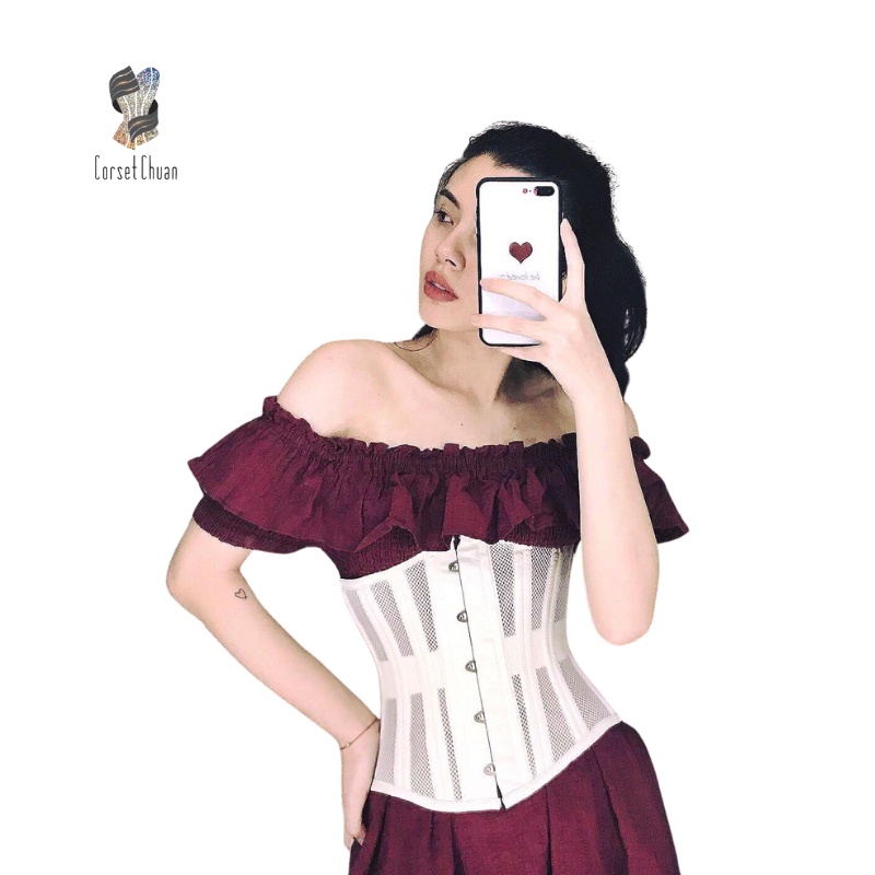 Ảnh Đai nịt bụng Corset lưới Corset Chuẩn thắt dây phía sau siêu định hình eo màu trắng 2