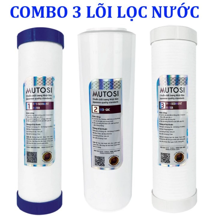Bộ 3 Lõi lọc nước Mutosi 10 inch số 1 2 3 ( PP5 - GAC - PP1) chính hãng dùng cho máy lọc nước RO