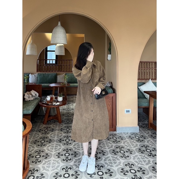 VÁY SƠ MI NHUNG TĂM xuông Hàn Quốc dáng dài