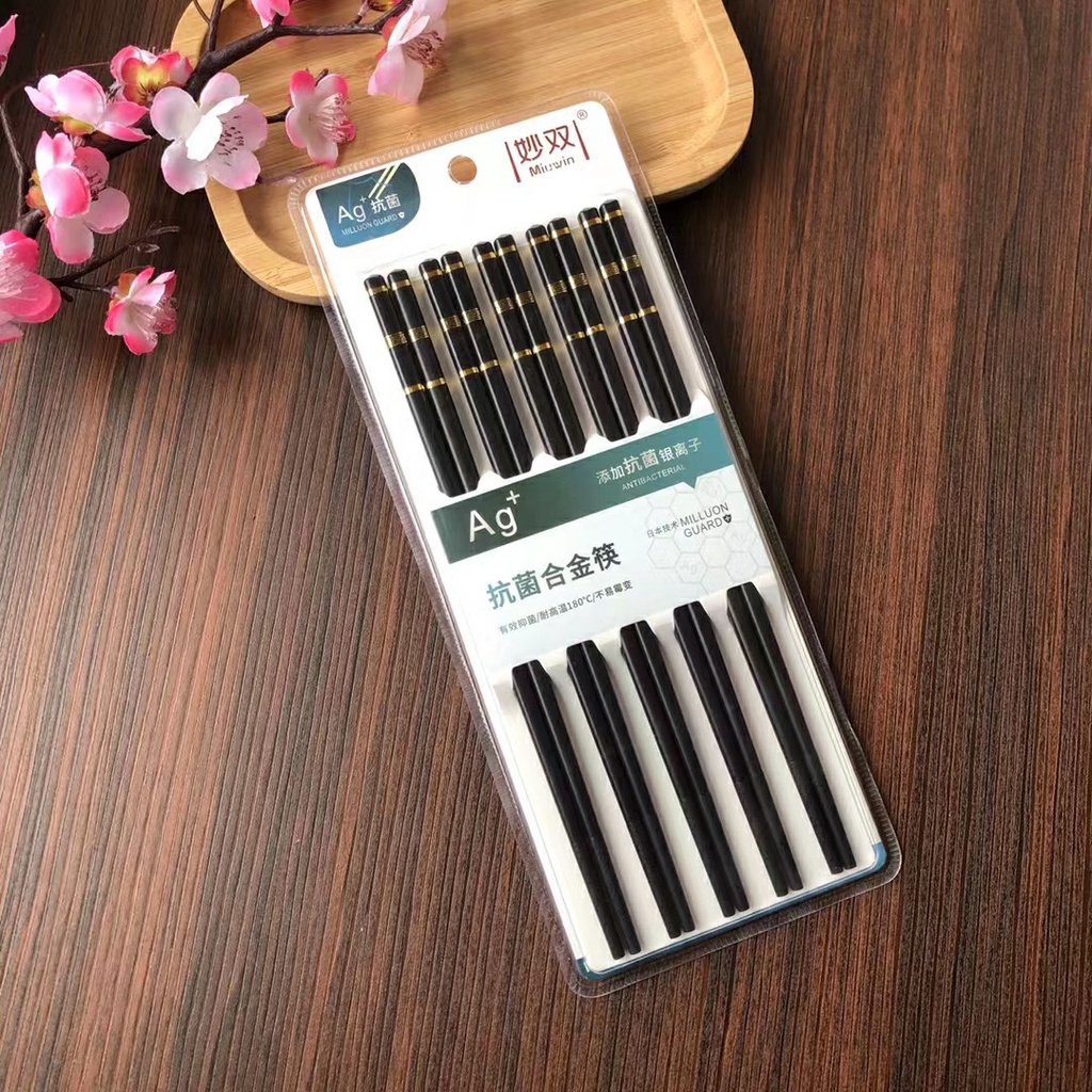 Đôi Đũa Nhựa Đen Cao Cấp Đầu Khảm Bạc AG, Đũa Chịu Nhiệt, An Toàn , Bộ 10 Đôi Đũa Mạ Vàng (Hộp Đựng)