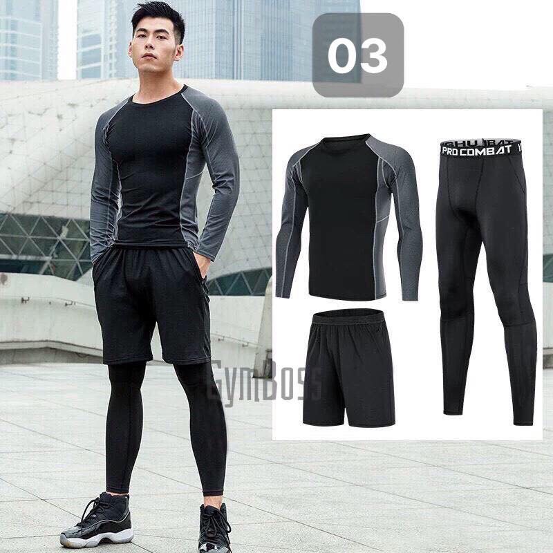 Bộ quần áo giữ nhiệt body procombat,chất thun polyester elastane mềm mịn,giữ ấm tập gym,chạy bộ thể thao 3 in1