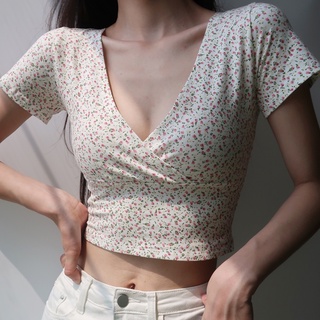 Áo Thun Ôm Cổ Chữ v In Họa Tiết Hoa Phong Cách Retro Thời Trang Mới Cho Nữ