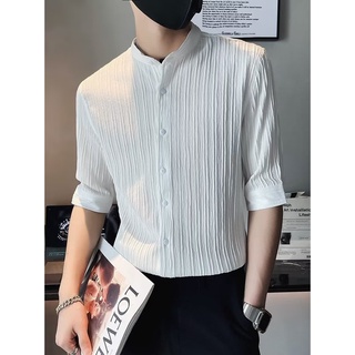 Hàn Quốc Chất Liệu Xếp Ly Hàn Quốc Ba Phần Tư Tay Đứng Cổ Áo Sơ Mi Mùa Hè Mỏng Ba Phần Tư Tay Áo Sơ Mi Giữa Tay Áo Sơ Mi Nam