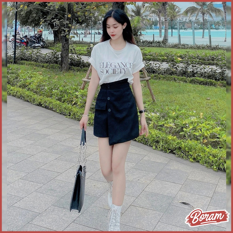 Quần Váy Chữ A Kaki Cạp Cao Phối 3 Cúc BORAM SG (có video)