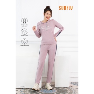Bộ đồ mặc nhà nữ SUNFLY dáng thể thao cotton có mũ áo dài quần dài SS5583