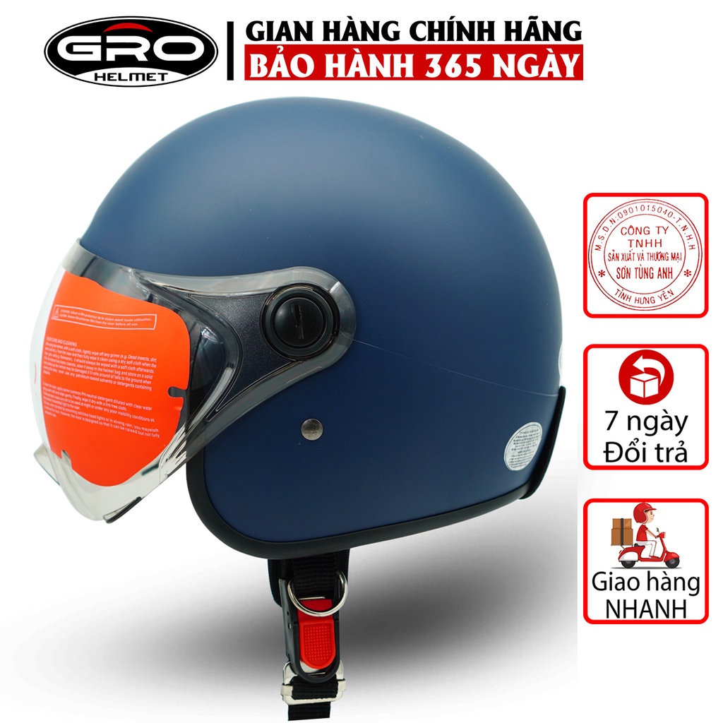 Mũ Bảo Hiểm 3/4 đầu GRO Helmet T818 có kính ngắn che nửa mặt, kiểu dáng thời trang cho nữ khóa kim loại - Xanh Than Nhám