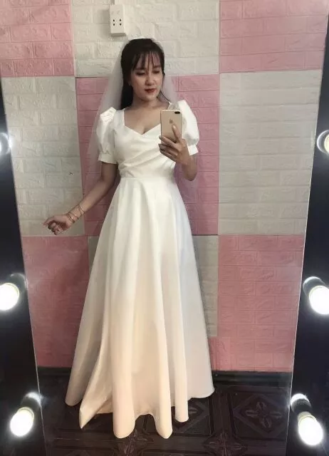 (miễn phí chỉnh váy) Dạ hội cưới phi trắng tay phồng xẻ tà, váy trắng chụp ảnh cưới, dạ hội trắng đi tiệc sang trọng