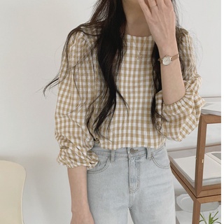 Áo Sơ Mi Nữ Dài Tay Cổ Tròn Sọc Caro Thời Trang Hàn Quốc